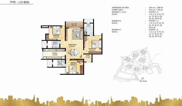 3 BHK Floor Plan at Hiranandani Maitri Park - Spacious Living